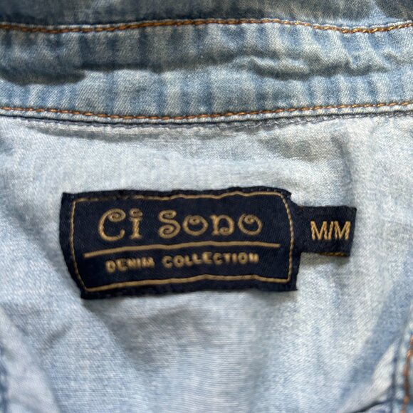Ci Sono Western Pearl Snap Denim Shirt Womens M Faded Elbow Patch Boho Roll Tab - Picture 3 of 16
